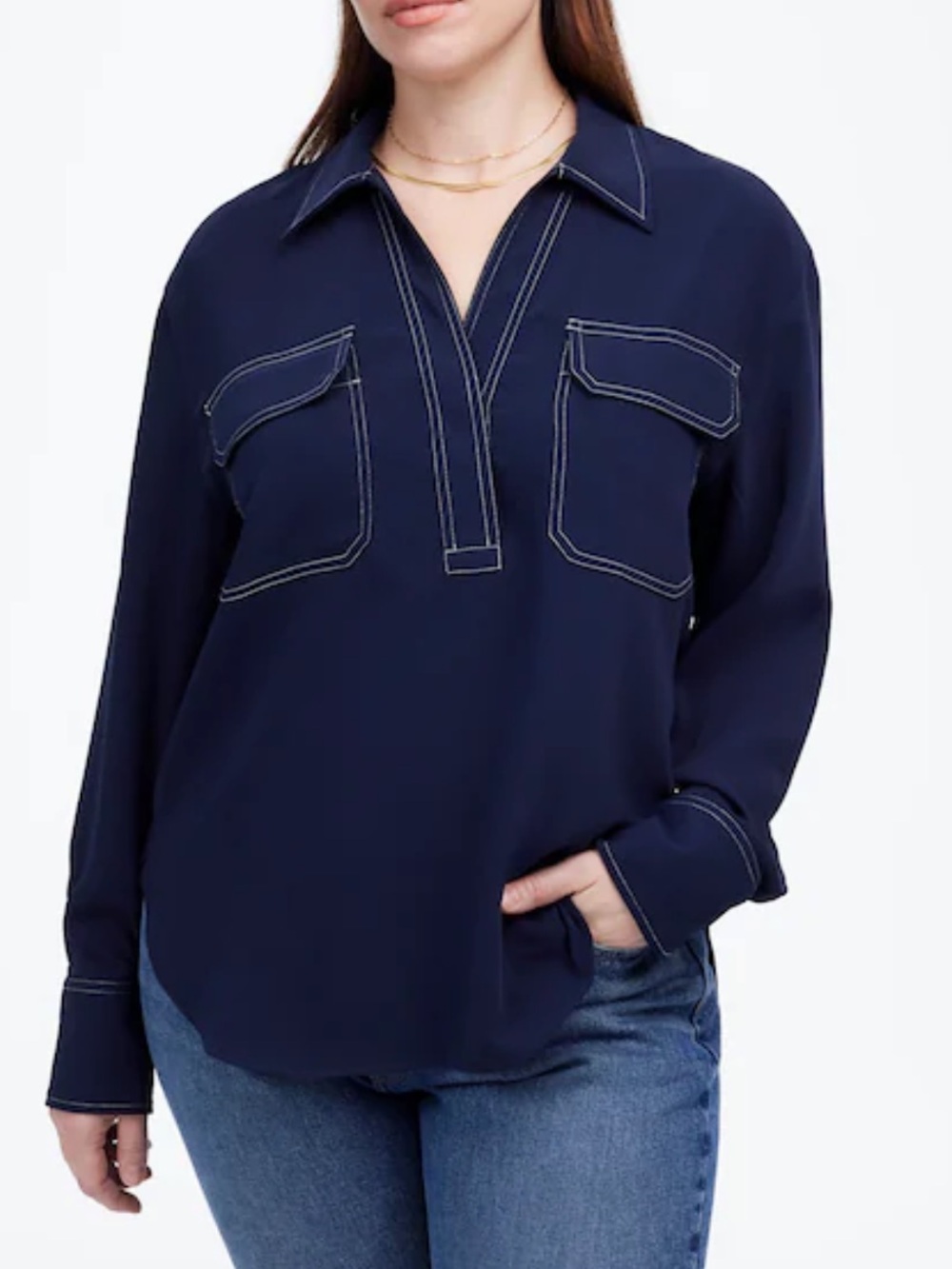 Madewell Contrast-Stitch V-neck Popover Shirt. Navy. XL.